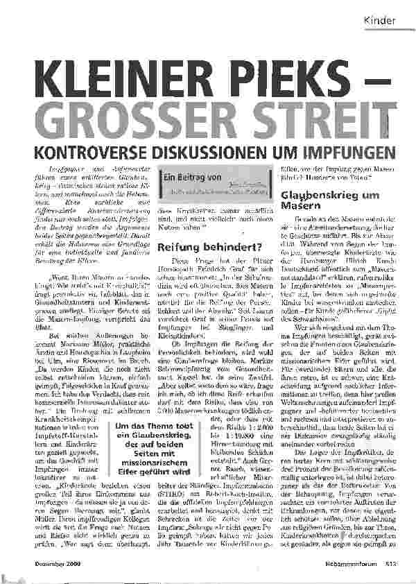 Vorschauseite 1: KLEINER PIEKS - GROSSER STREIT KONTROVERSE DISKUSSIONEN UM IMPFUNGEN