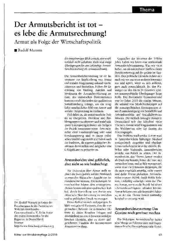 Vorschauseite 1: Der Armutsbericht ist tot -es lebe die Armutsrechnung!