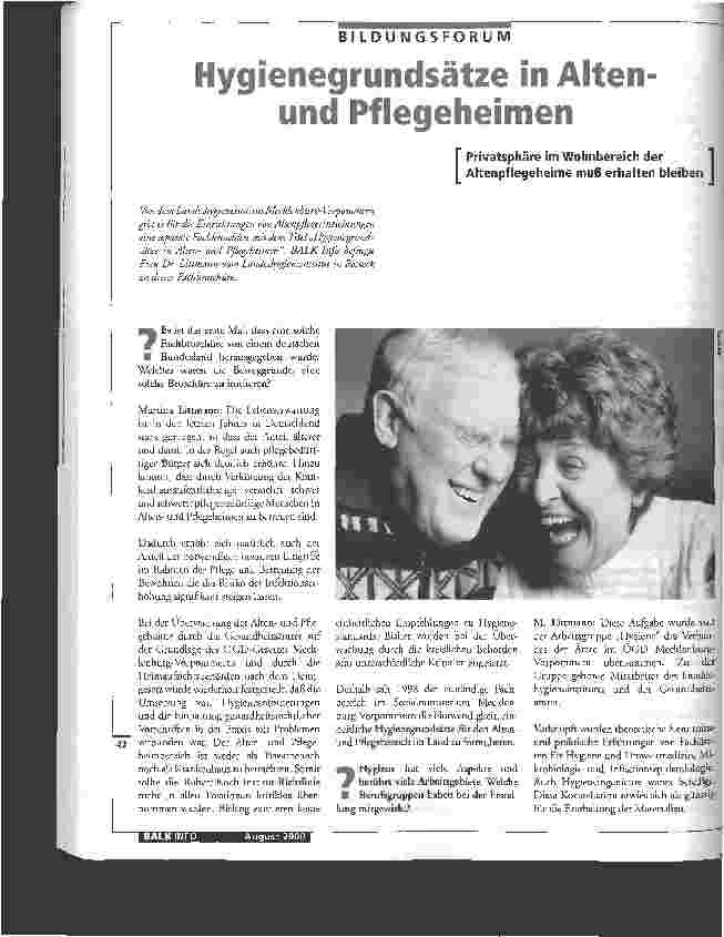 Vorschauseite 1: Hygienegrundsätze in Alten und Pflegeheimen Privatsphäre im Wohnbereich der Altenpflegeheime muss erhalten bleiben.