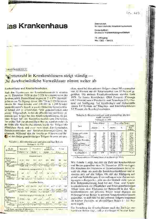 Vorschauseite 1: Patientenzahl in Krankenhäuser steigt ständig die durchschnittliche Verweildauer nimmt ab, Krankenhausstatistik für das Jahr 1978