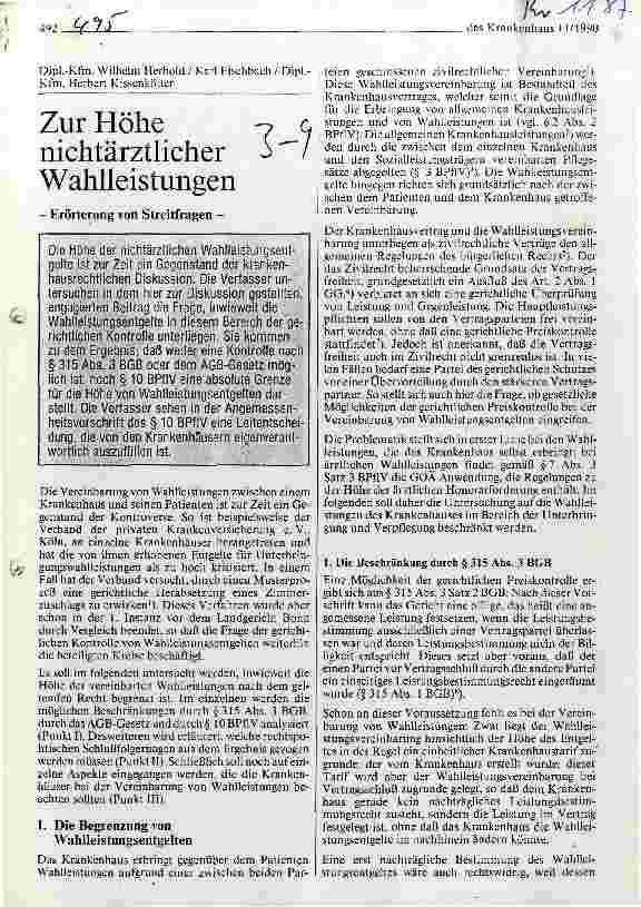 Vorschauseite 1: Zur Höhe nichtärztlicher Wahlleistungen Erörterung von Streitfragen