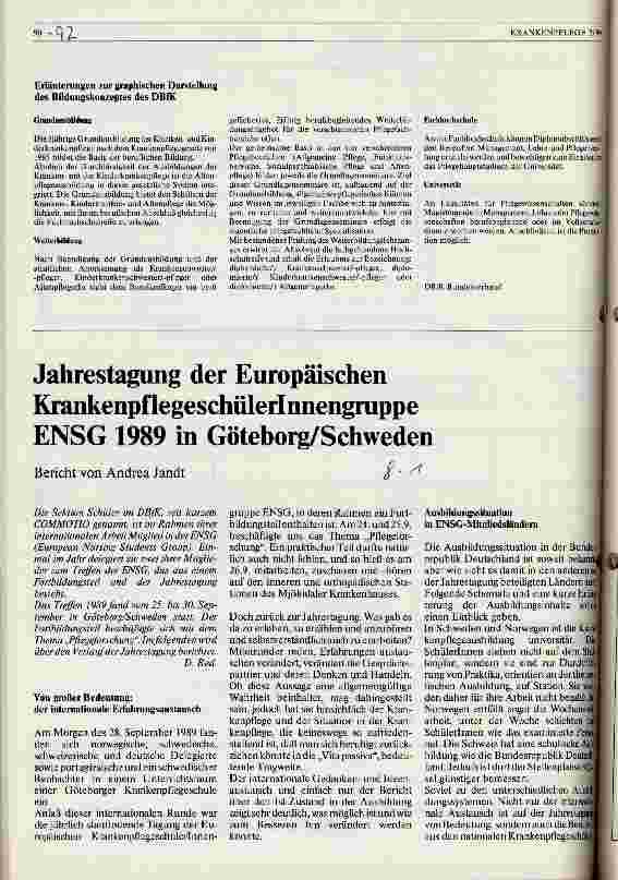 Vorschauseite 1: Jahrestagung der Europäischen Krankenpflegeschüler/Innengruppe ENSG 1989 in Göteborg/Schweden