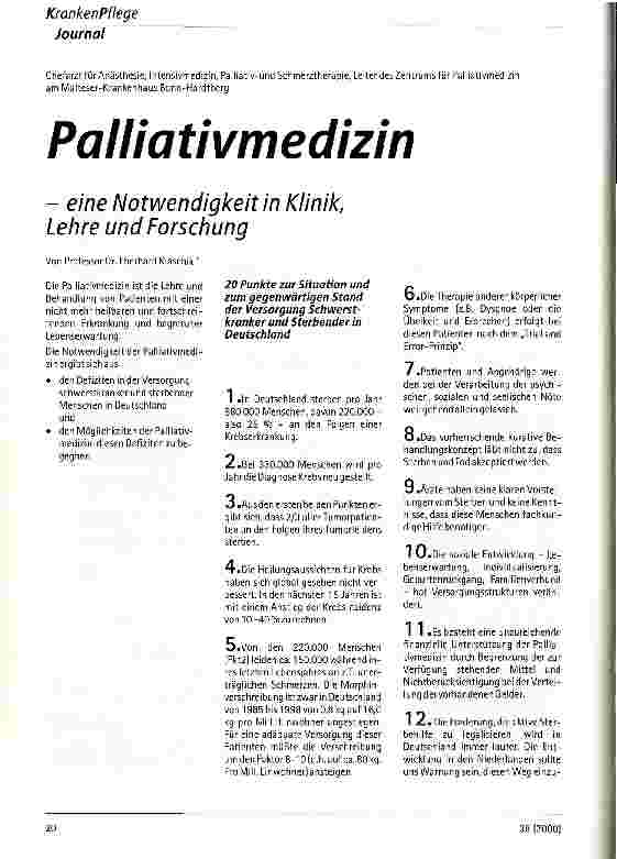 Vorschauseite 1: Palliativmedizin - eine Notwendigkeit in Klinik, Lehre und Forschung