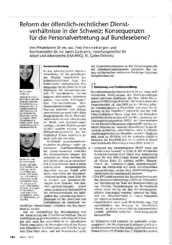 Vorschauseite 1: Reform der öffentlich-rechtlichen Dienstverhältnisse in der Schweiz: Konsequenzen für die Personalvertretung auf Bundesebene?