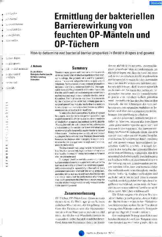 Vorschauseite 1: Ermittlung der bakteriellen Barrierewirkung von feuchten OP-Mänteln und OP-Tüchern