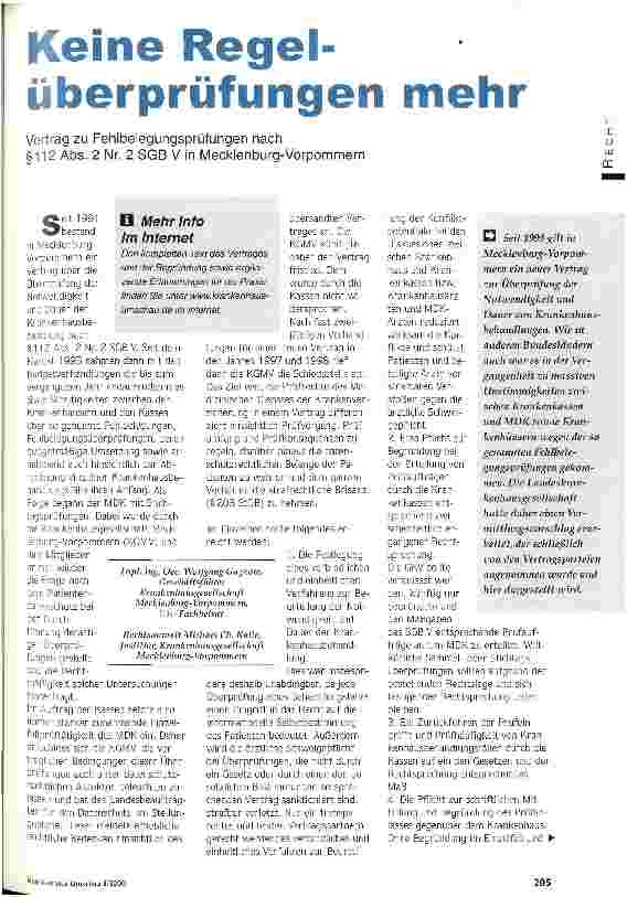 Vorschauseite 1: Keine Regelüberprüfungen mehr Vertrag zu Fehlbelegungsprüfungen nach § 112 Abs. 2 Nr. 2 SGB V in Mecklenburg-Vorpommern