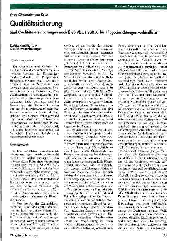 Vorschauseite 1: Qualitätssicherung Sind Qualitätsvereinbarungen nach § 80 Abs. 1 SGB XI für Pflegeeinrichtungen verbindlich?
