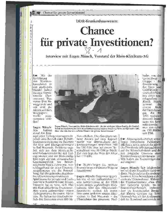 Vorschauseite 1: Chance für private Investitionen? - Interview mit Eugen Münch, Vorstand der Rhön-Klinikum AG - DDR-Krankenhauswesen