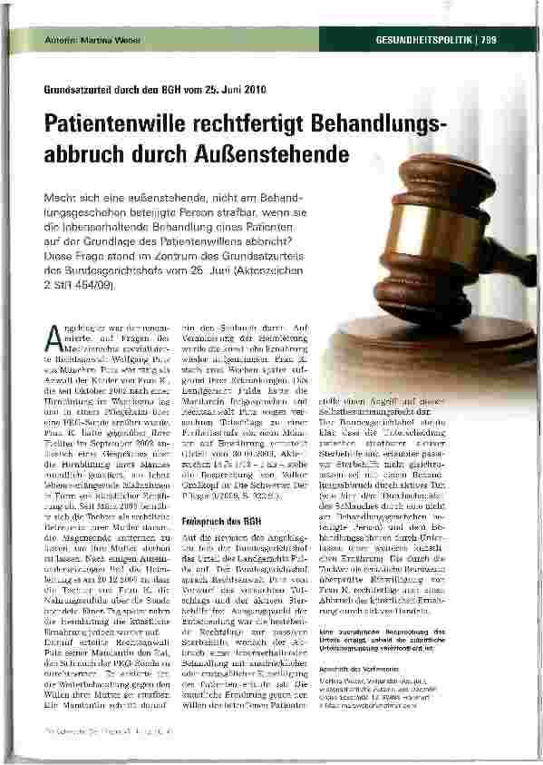 Vorschauseite 1: Patientenwille rechtfertigt Behandlungs abbruch durch Außenstehende
