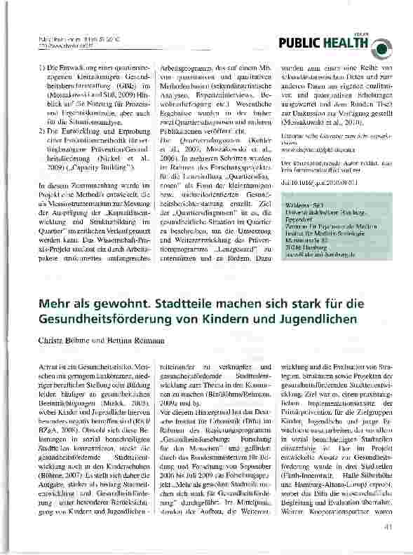 Vorschauseite 2: Das Präventionsprogramm „Lenzgesund: Strukturbildung in einem benachteiligten Quartier in Hamburg