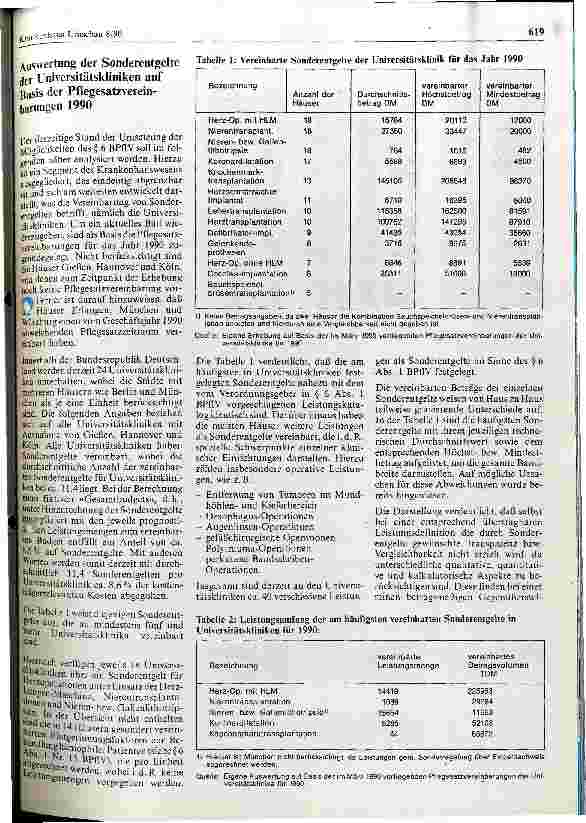 Vorschauseite 2: Sonderentgelte der Universitätskliniken gem. Pflegesatzvereinbarungen für das Jahr 1990