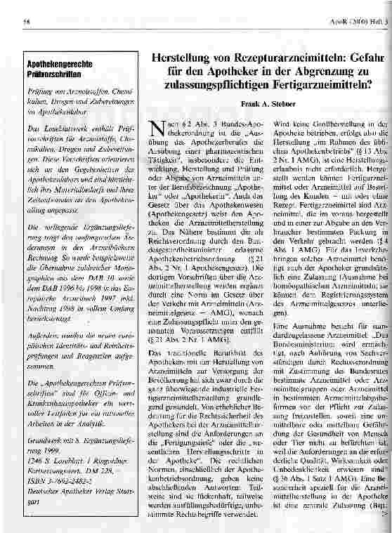 Vorschauseite 1: Herstellung von Rezepturarzneimitteln: Gefahr für den Apotheker in der Abgrenzung zu zulassungspflichtigen Fertigarzneimitteln?