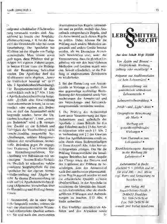 Vorschauseite 6: Herstellung von Rezepturarzneimitteln: Gefahr für den Apotheker in der Abgrenzung zu zulassungspflichtigen Fertigarzneimitteln?