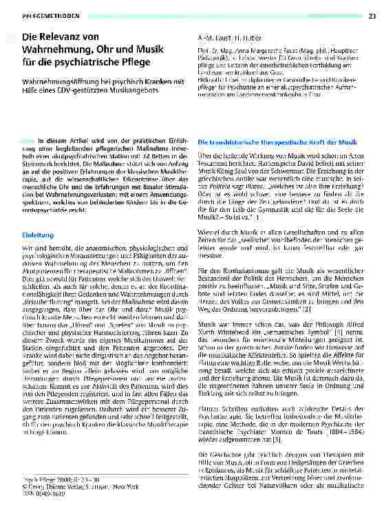 Vorschauseite 1: Die Relevanz von Wahrnehmung, Ohr und Musik für die psychiatrische Pflege Wahrnehmungsöffnung bei psychisch Kranken mit Hilfe eines EDV-gestützten Musikangebots