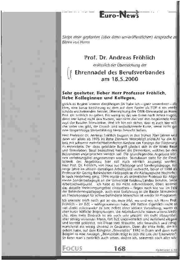 Vorschauseite 1: Prof. Dr. Andreas Fröhlich anlässlich der Überreichung der Ehrennadel des Berufsverbandes am 18.5.2000