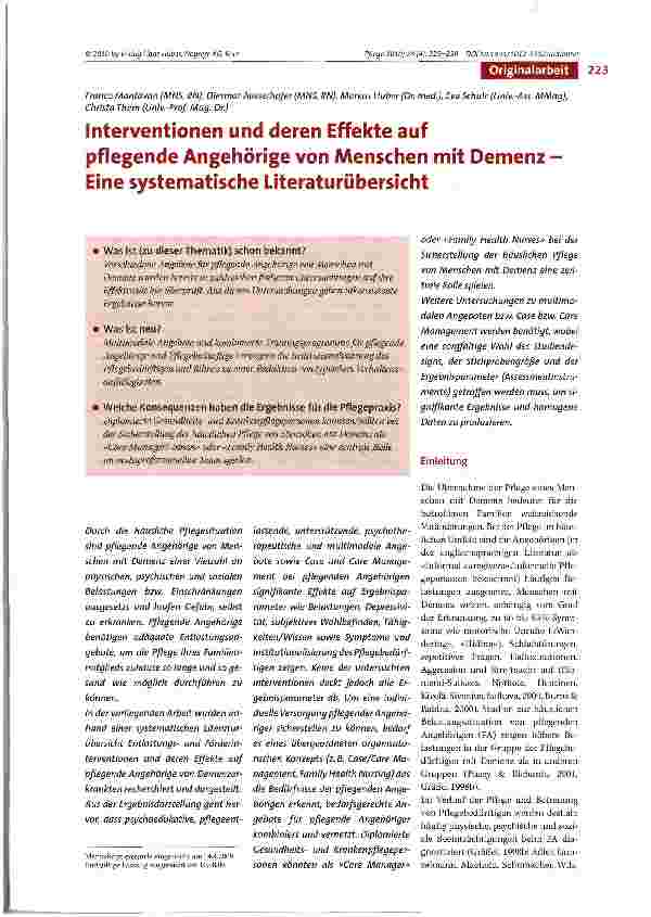 Vorschauseite 1: Interventionen und deren Effekte auf pflegende Angehörige von Menschen mit Demenz -Eine systematische Literaturübersicht