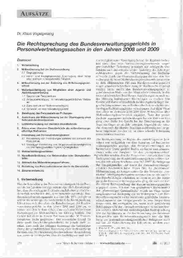 Vorschauseite 1: Die Rechtsprechung des Bundesverwaltungsgerichts in Personalvertretungssachen in den Jahren 2008 und 2009