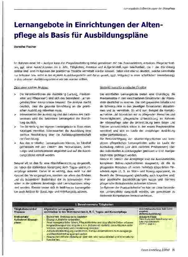 Vorschauseite 1: Lernangebote in Einrichtungen der Alten pflege als Basis für Ausbildungspläne