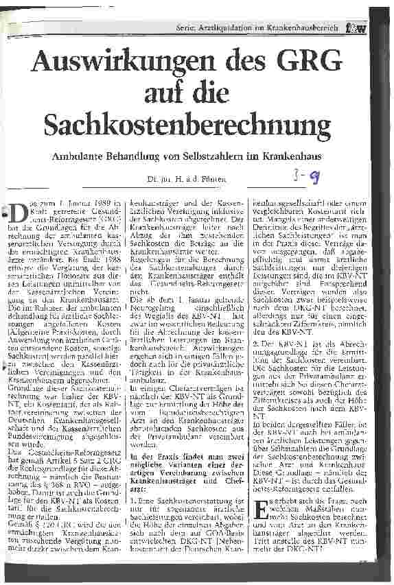 Vorschauseite 1: Auswirkungen des GRG auf die Sachkostenberechnung Ambulante Behandlung von Selbstzahlern im Krankenhaus