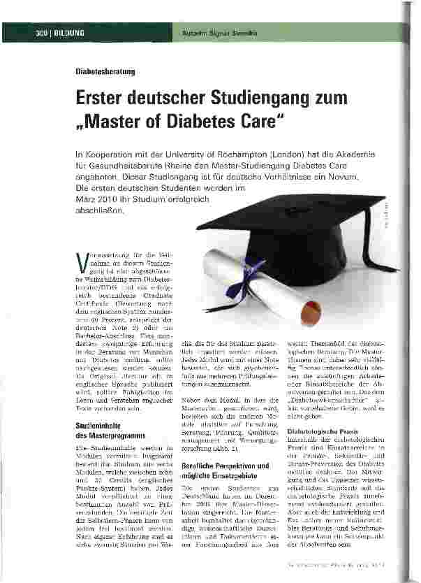 Vorschauseite 1: Erster deutscher Studiengang zum „Master of Diabetes Care