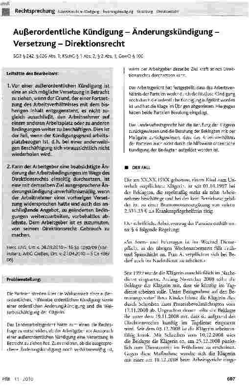 Vorschauseite 1: Außerordentliche Kündigung - Änderungskündigung -Versetzung - Direktionsrecht