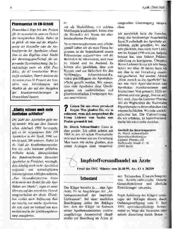 Vorschauseite 1: Impfstoffversandhandel an Ärzte Urteil des OVG Münster vom 26.08.99, Az.: 13 A 202/99