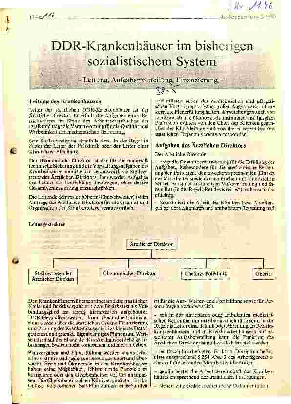 Vorschauseite 1: DDR-Krankenhäuser im bisherigen sozialistischem System -Leitung, Aufgabenverteilung, Finanzierung -