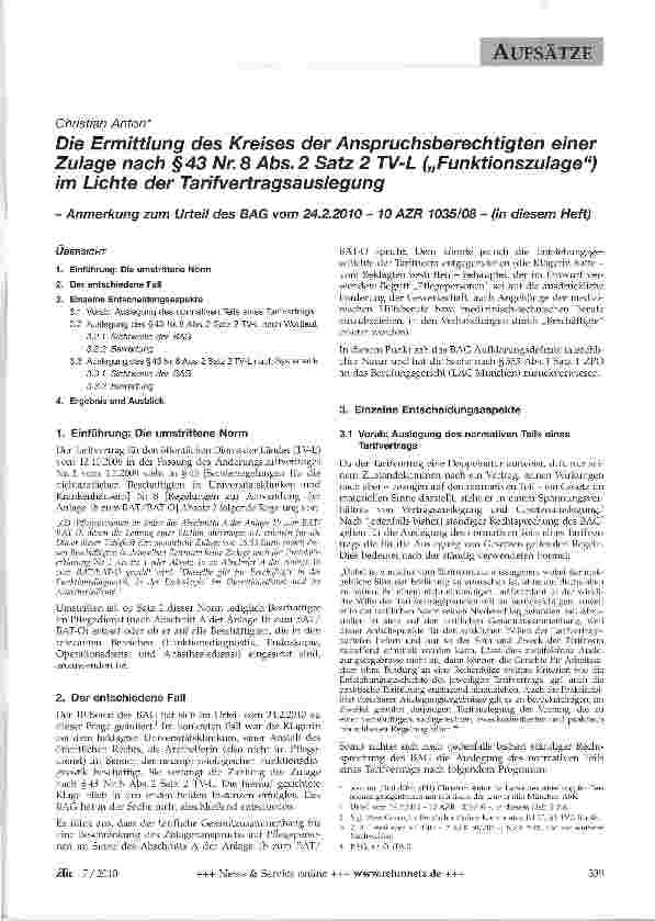 Vorschauseite 1: Die Ermittlung des Kreises der Anspruchsberechtigten einer Zulage nach §43 Nr. 8 Abs. 2 Satz 2 TV-L („Funktionszulage) im Lichte der Tarifvertragsauslegung