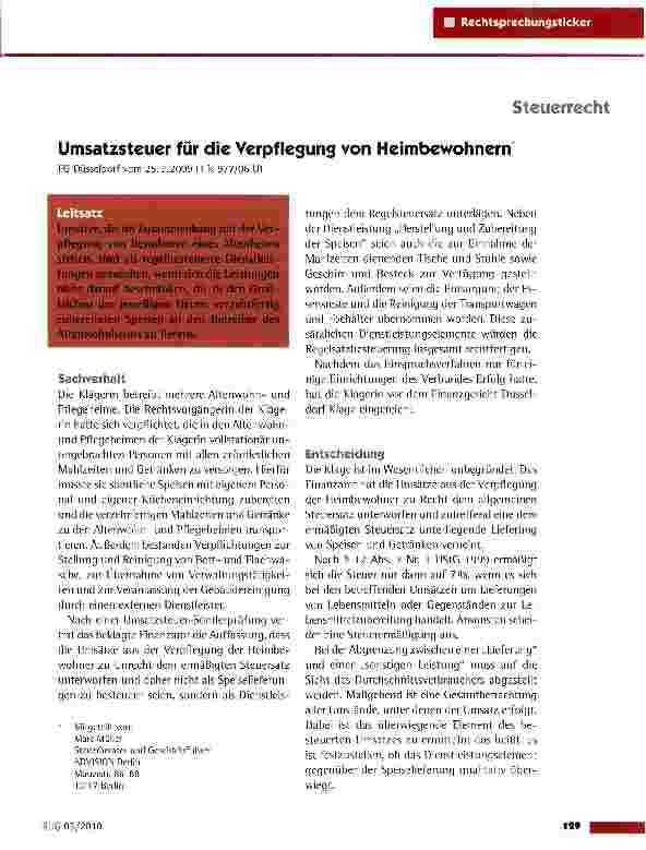 Vorschauseite 1: Umsatzsteuer für die Verpflegung von Heimbewohnern