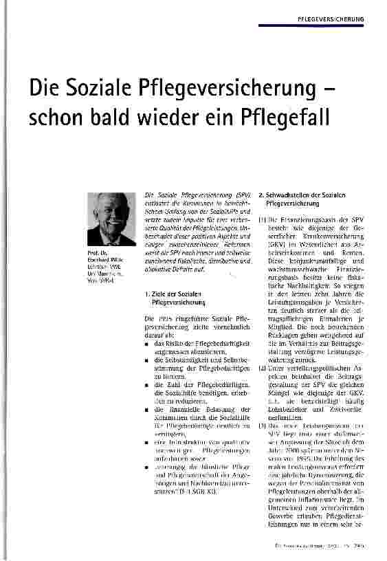 Vorschauseite 1: Die Soziale Pflegeversicherung -schon bald wieder ein Pflegefall