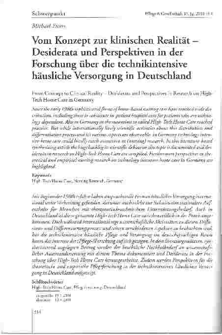 Vorschauseite 1: Vom Konzept zur klinischen Realität -Desiderata und Perspektiven in der Forschung über die technikintensive häusliche Versorgung in Deutschland