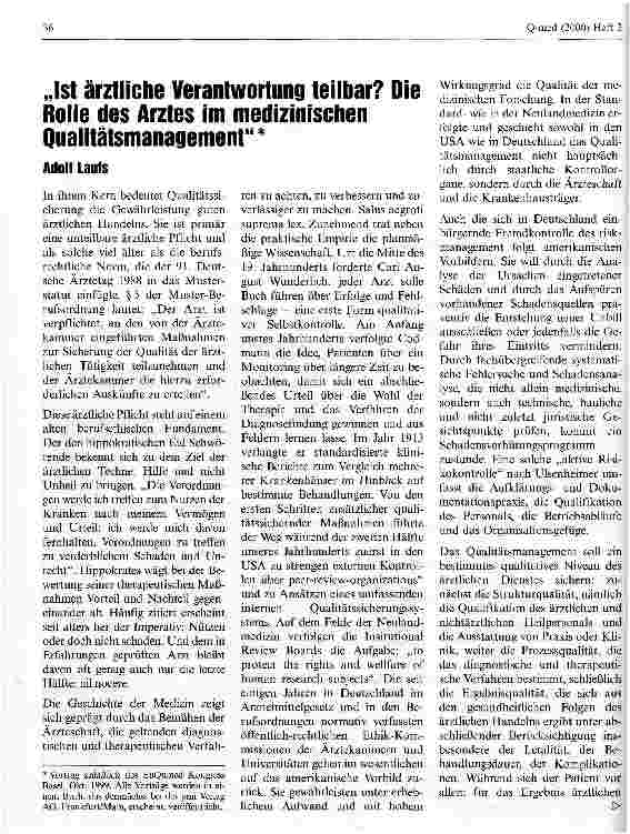 Vorschauseite 1: Ist ärztliche Verantwortung teilbar? Die Rolle des Arztes im medizinischen Qualitätsmanagement