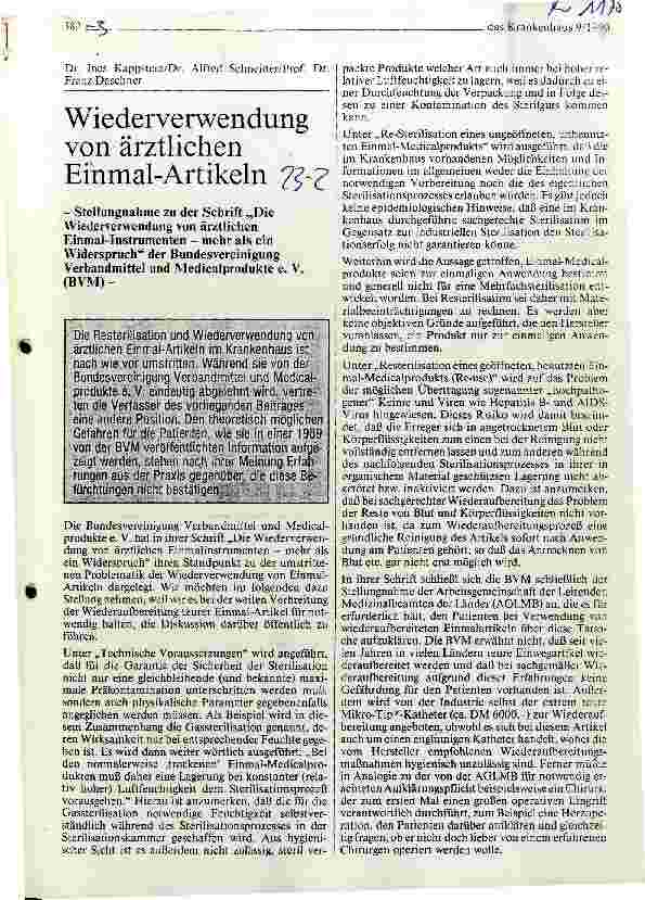 Vorschauseite 1: Wiederverwendung von ärztlichen Einmal-Artikeln Stellungnahme zur Schrift der Bundesvereinigung Verbandmittel