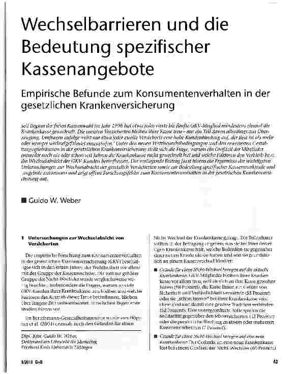 Vorschauseite 1: Wechselbarrieren und die Bedeutung spezifischer Kassenangebote Empirische Befunde zum Konsumentenverhalten in der gesetzlichen Krankenversicherung