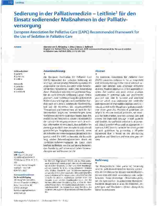 Vorschauseite 1: Sedierung in der Palliativmedizin - Leitlinie1 für den Einsatz sedierender Maßnahmen in der Palliativversorgung