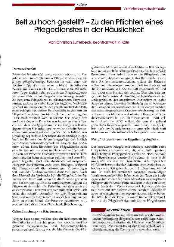 Vorschauseite 1: Bett zu hoch gestellt? - Zu den Pflichten eines Pflegedienstes in der Häuslichkeit
