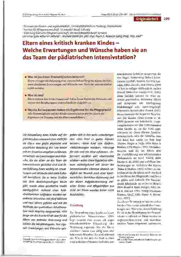 Vorschauseite 1: Eltern eines kritisch kranken Kindes - Welche Erwartungen und Wünsche haben sie andas Team der pädiatrischen Intensivstation?
