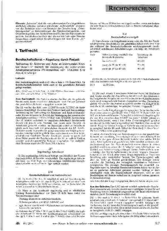 Vorschauseite 1: Bereitschaftsdienst - Abgeltung durch Freizeit