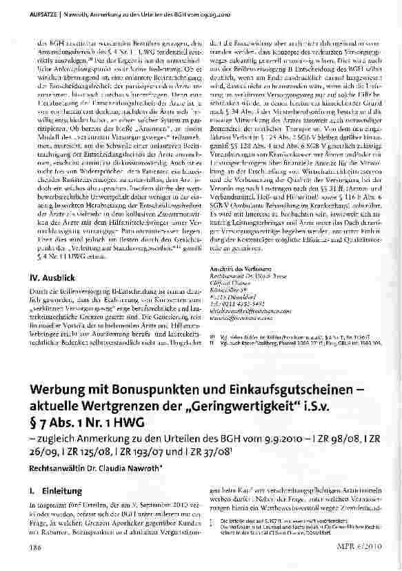 Vorschauseite 1: Werbung mit Bonuspunkten und Einkaufsgutscheinen -aktuelle Wertgrenzen der „Geringwertigkeit i.S.v. §7Äbs.iNr.iHWG