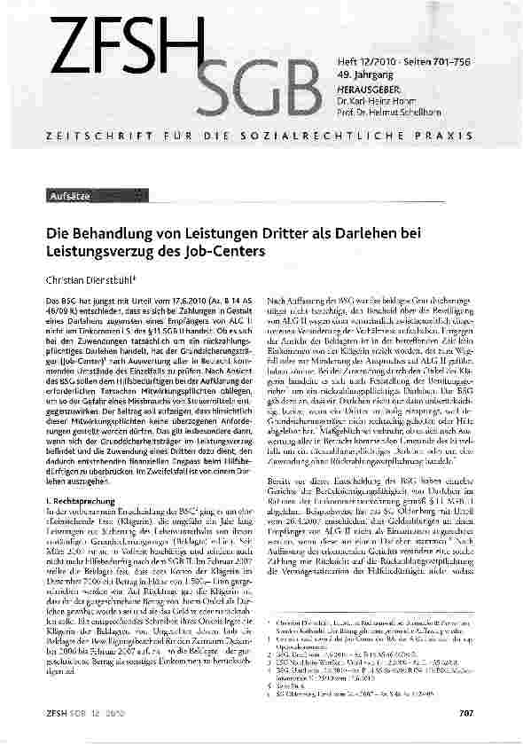 Vorschauseite 1: Die Behandlung von Leistungen Dritter als Darlehen bei Leistungsverzug des Job-Centers