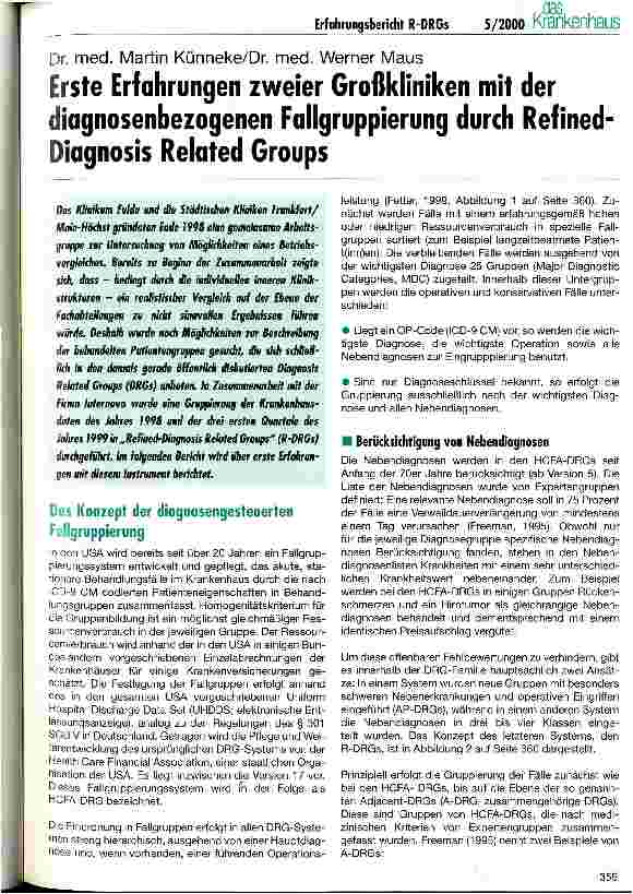 Vorschauseite 1: Erste Erfahrungen zweier Großkliniken mit der diagnosebezogenen Fallgruppierung durch Refined-Diagnosis Related Groups
