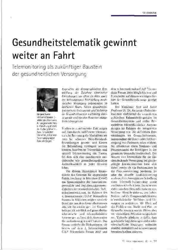 Vorschauseite 1: Gesundheitstelematik gewinnt weiter an Fahrt