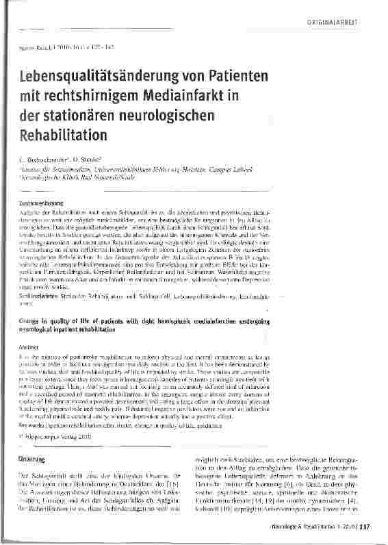 Vorschauseite 1: Lebensqualitätsänderung von Patienten mit rechtshirnigem Mediainfarkt in der stationären neurologischen Rehabilitation