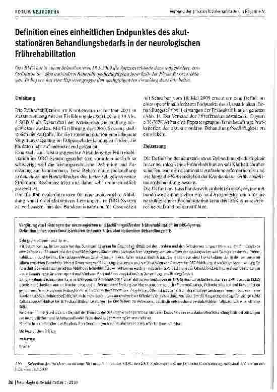 Vorschauseite 1: Definition eines einheitlichen Endpunktes des akutstationären Behandlungsbedarfs in der neurologischen Frührehabilitation