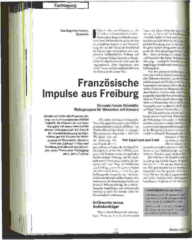 Vorschauseite 1: Französische Impulse aus Freiburg Vincentz Forum Altenhilfe: Wohngruppen für Menschen mit Demenz