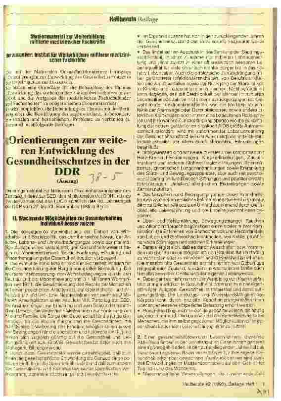 Vorschauseite 1: Orientierungen zur weiteren Entwicklung des Gesundheitsschutzes in der DDR