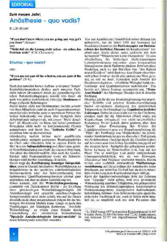 Vorschauseite 1: Anästhesie - quo vadis?