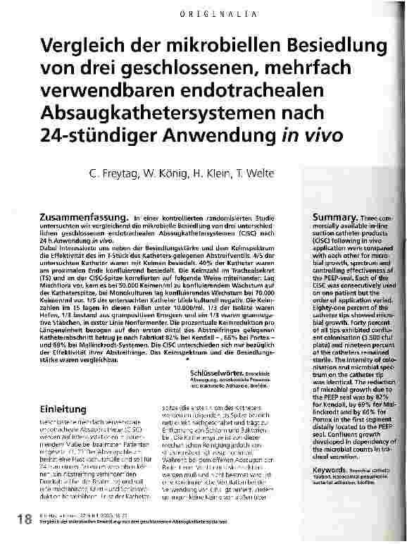 Vorschauseite 1: Vergleich der mikrobiellen Besiedlung von drei geschlossenen, mehrfach verwandbaren endotrachealen Absaugkathetersystemen nach 24-stündiger Anwendung in vivo