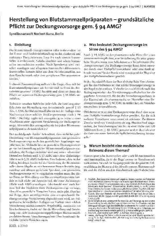 Vorschauseite 1: Herstellung von Blutstammzeilpräparaten - grundsätzliche Pflicht zur Deckungsvorsorge gem. § 94 AMG?
