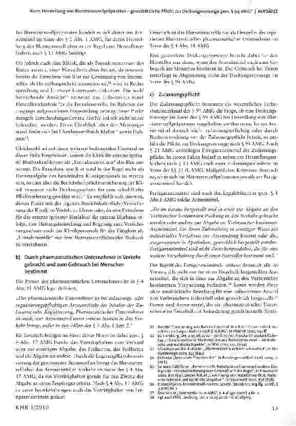 Vorschauseite 3: Herstellung von Blutstammzeilpräparaten - grundsätzliche Pflicht zur Deckungsvorsorge gem. § 94 AMG?